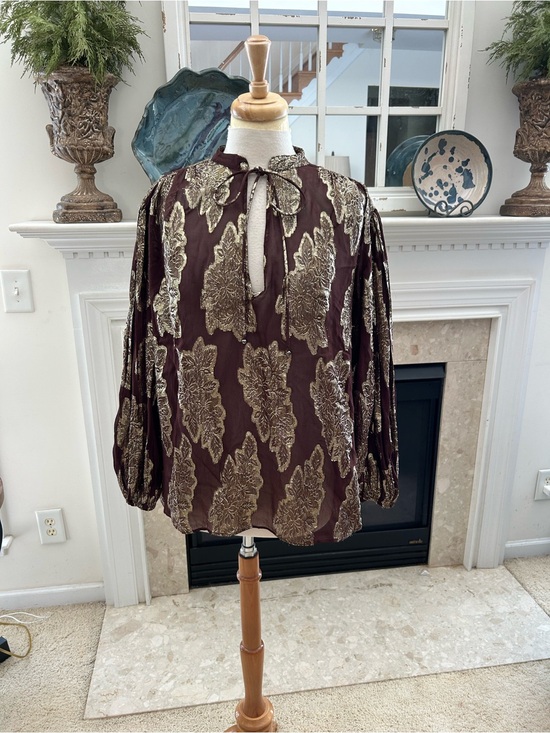 Zara Tops - Zara Chocolate Brown Blouse with Gold Metallic Leaf Motif